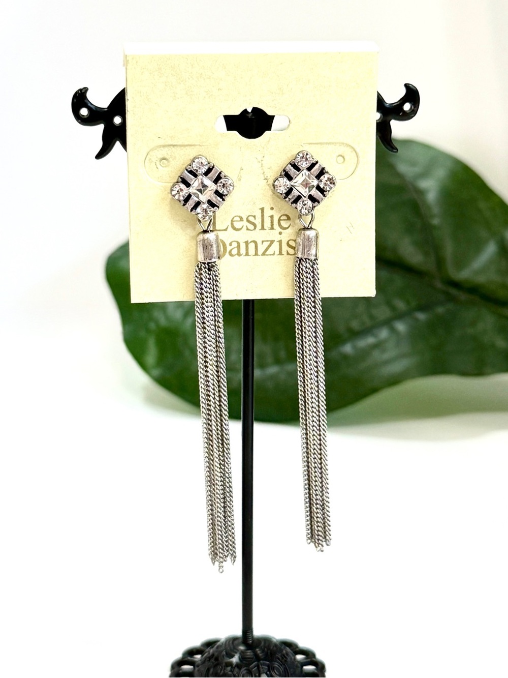 Leslie Danzis Crystal Chain Tassel Earrings Silver Tone Rhinestone NWT